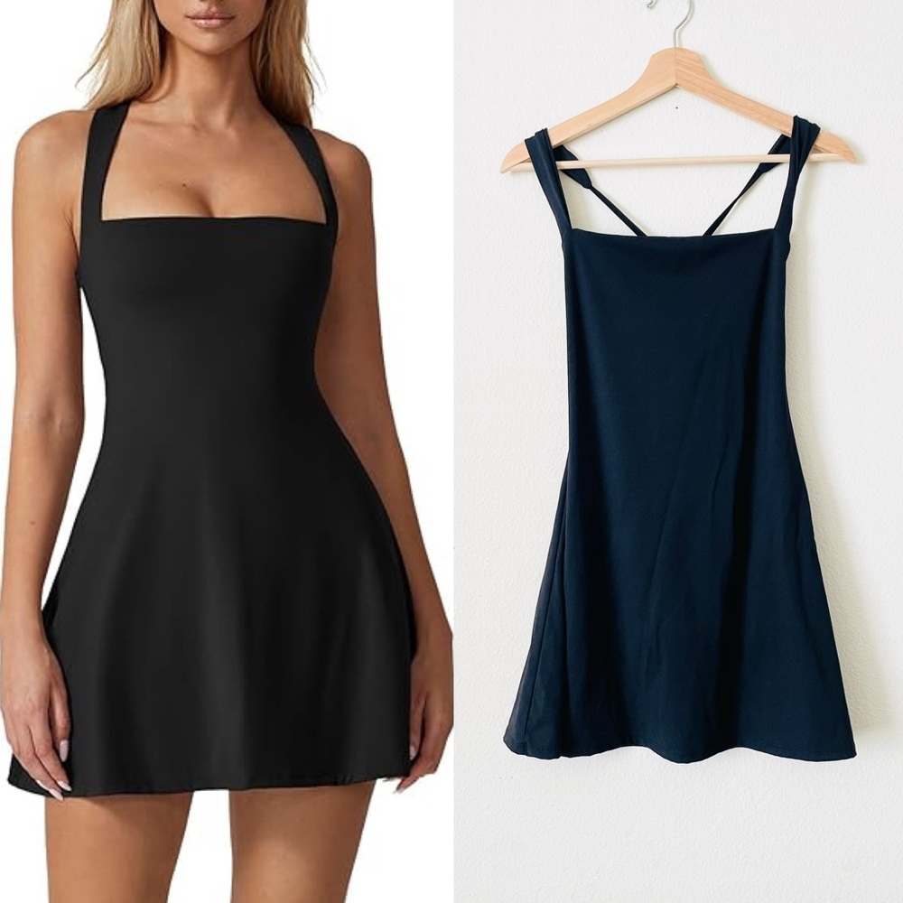 Quinsen MEDIUM black square neck mini tennis dress
